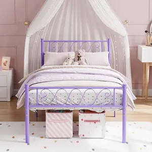 Twin Size Metal Bed Frame with Heart Headboard and Footboard 12.2in Underbed Storage Purple Bedroom Set