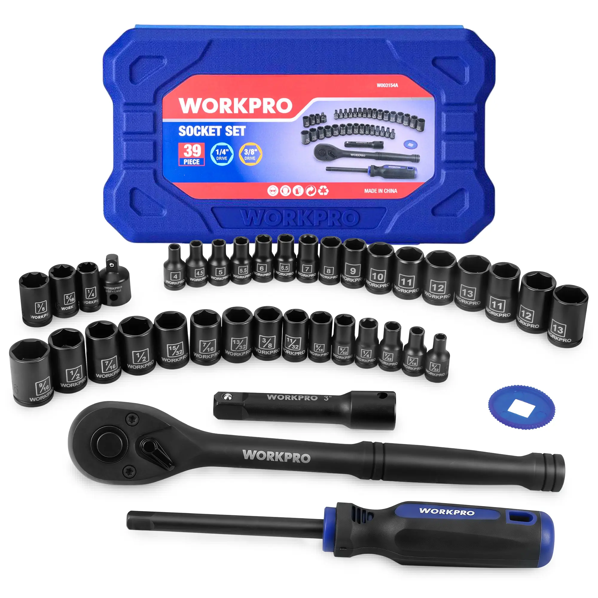 #Summersales WORKPRO 39PC Drive Black Phosphate Finish CR-V Socket Set(1/4" & 3/8") | Metric & SAE, Quick-Release Ratchet Wrench, Extension Bar, Spinner Handle & Adapter, Compact, Automotive Repair