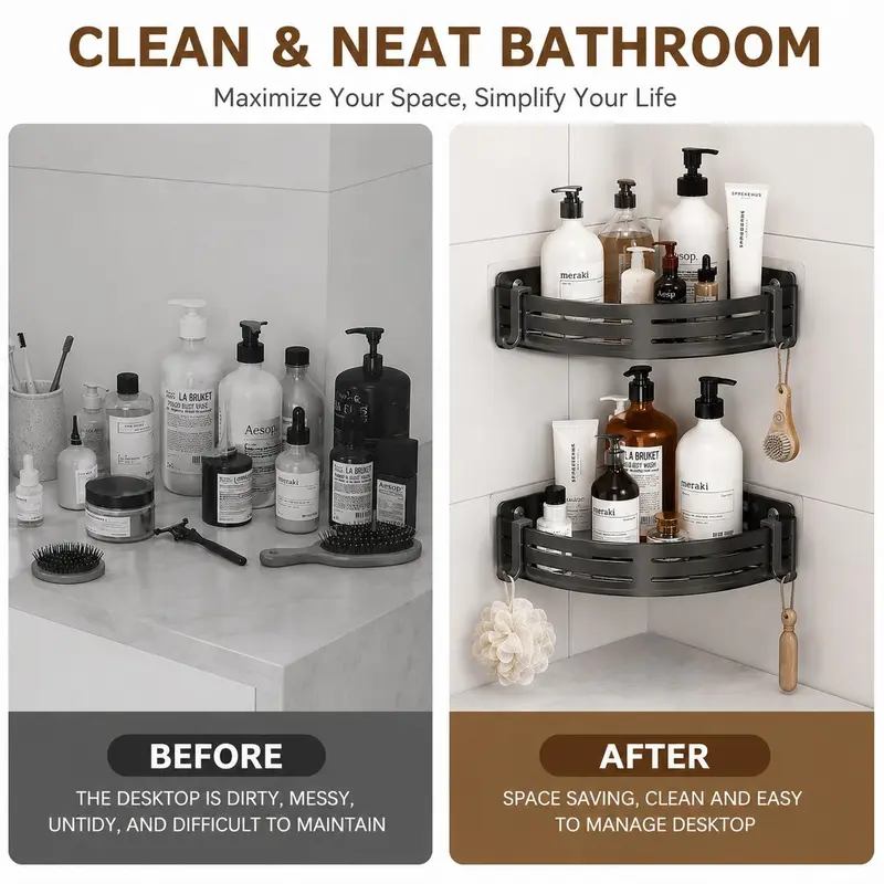 3 Pack No Drill Shower Caddy, Adhesive Corner Shower Organizer with Hooks & Toothpaste Holder, Wall Mounted Triangle Storage Shelves for Bathroom, Shampoo, Soap & Toiletries