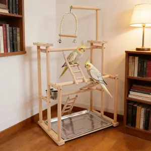CNCEST 3-Tier Parrot Play Stand, Natural Beech Wood Bird Perch for Cockatiels & Small Birds 17.3" L Play Gym with Swing, Ladders, Feeding Cups & Removable Tray for Cage Topper or Table Top