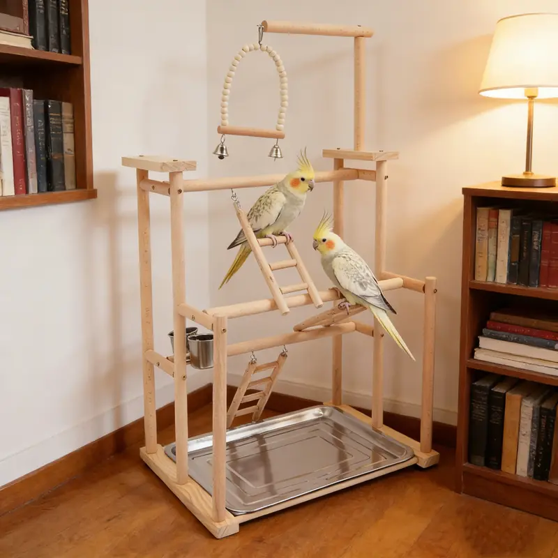 CNCEST 3-Tier Universal Modern Parrot Play Stand - 17.32*12.2*31.1in Natural Beech Wood Perch with Swings, Ladders, Feeding Cups, Removable Tray, English Diagram, Full Accessories (Countertop/Cage Topper for Cockatiels, Open Ventilation, Reduces Boredom)