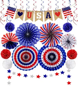 26Pcs Patriotic Decorations 4Th of July Decorations LOVE USA Banner Red White Blue Paper Fans Star Streamer Pom Poms Hanging Swirls for Veterans Labor Presidents Flag Memorial Day 4th of July Decorations