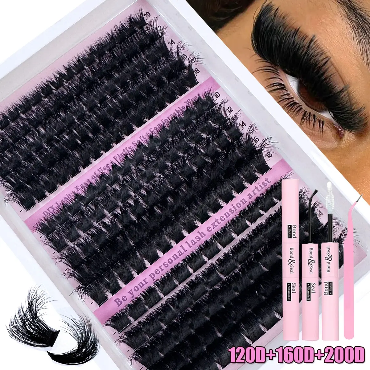 300pcs/290pcs/240pcs/210pcs D-roll Cluster Eyelash Extension, 10-18mm Mixed Fluffy 60D80D100D120D 3 Styles, Diy Eyelash Clusters, Diy Eyelash Extensions, for Natural, Fluffy, Curly, Dramatic, or Cat-Eye Effects, False Eyelashes, Eyelash Extensions Set