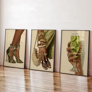 Set of 3 Green Luxury Wall Art Black Woman Fashion Afrocentric Queen POSTER Heels Jewelry Style Modern Urban Home Decor African American