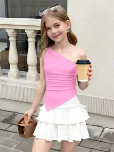 Girl's pink sloping shoulder irregular hem sleeveless vest, stylish design, sweet and cool street style, casual and versatile, essential item for explosive streets, comfortable and breathable, machine washable and dry cleanable, girl's clothing