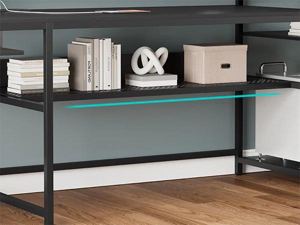 Sikaic L Shaped Reversible LED Gaming Desk with Power Outlets Strip Monitor Shelf Keyboard Tray Pegboard and Storage Shelves