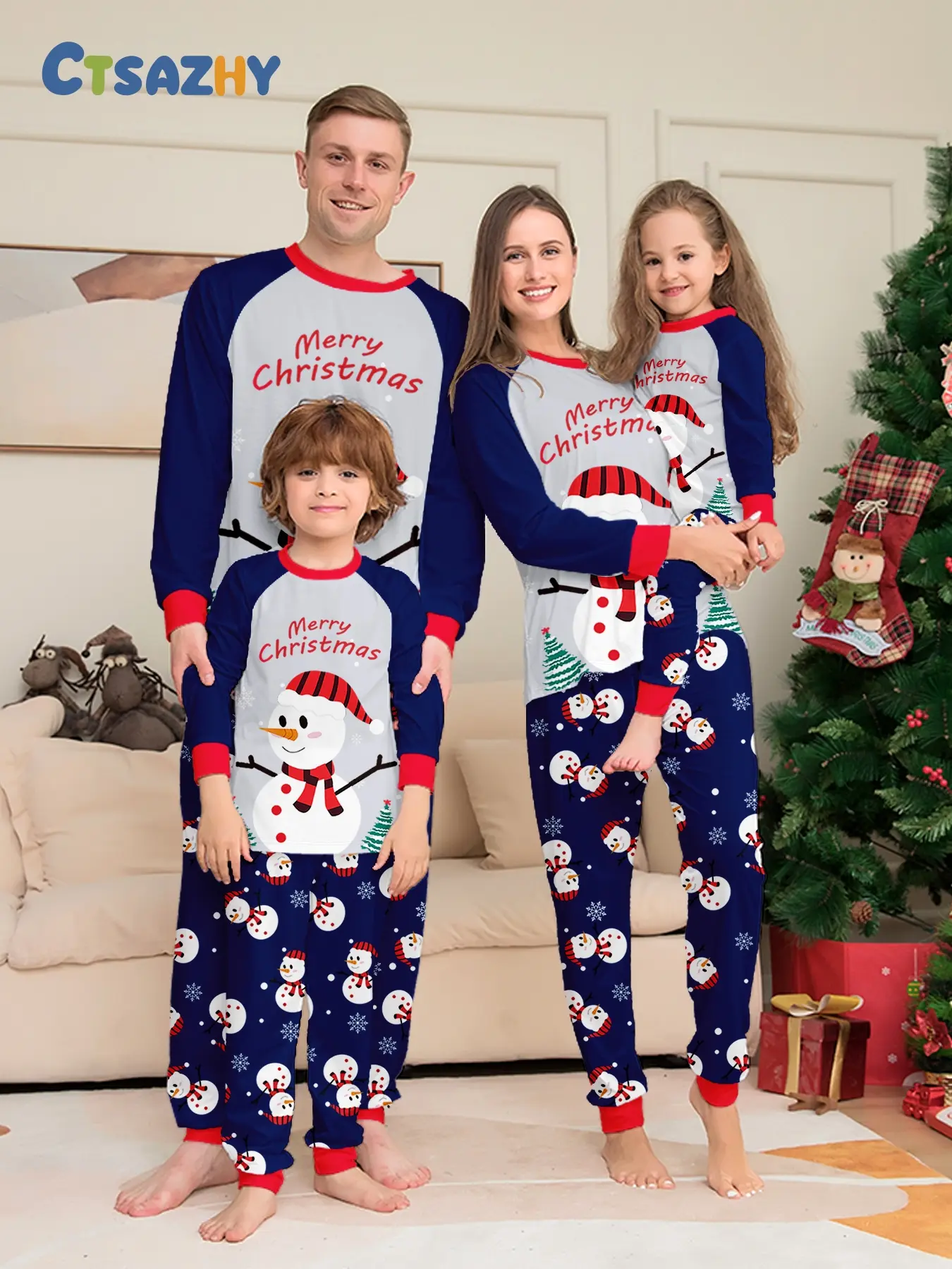 Christmas Snowman Theme Matching Family Pajamas, Blue Colorblock, Snowman Print, Soft Stretch Fabric, Fall & Winter, Unisex