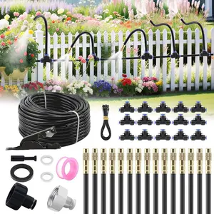 49.2FT Automatic Drip Irrigation Kit with Garden Watering Sprinkler, 360 degrees Bendable Spray Nozzles, 15 Adjustable Copper Atomizing Nozzles, Plastic Hose, Universal Connector, Battery-Free, for Yard, Lawn, Raised Bed, Greenhouse, Potted Plants