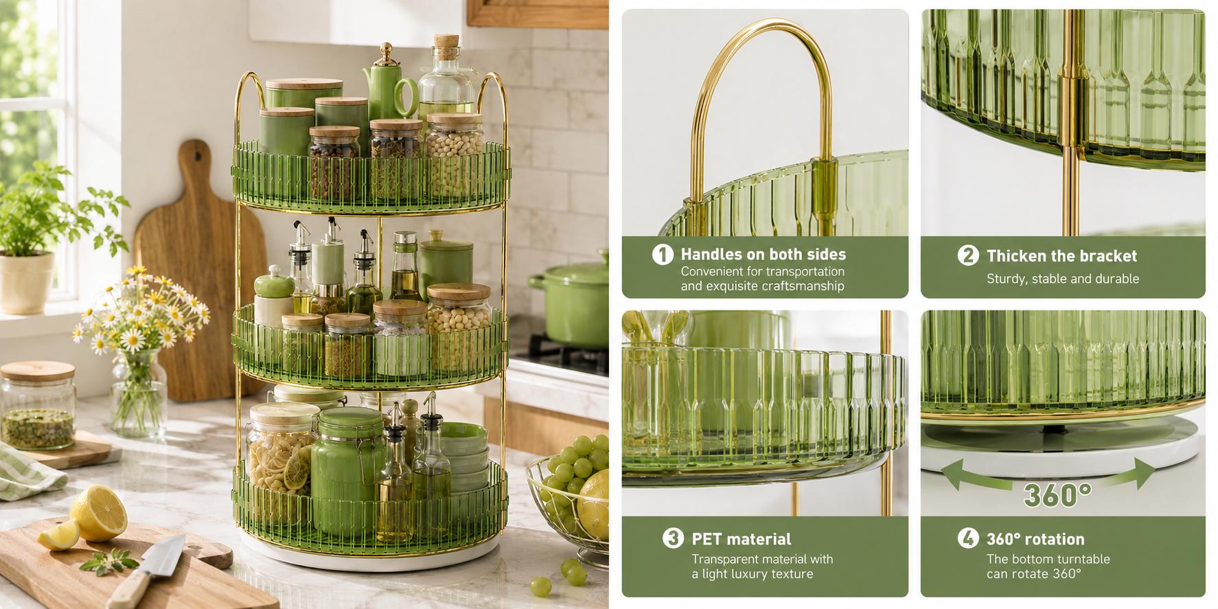 Bepatio 2/3-Tier Rectangle 360° Rotating Lazy Susan Crystal Acrylic Rack - Eco-Friendly Large-Capacity Portable Beverage Organizer, Adjustable Standing Home Storage for Camping, Outdoor Activities (Beach, Picnic Tables Accessories)