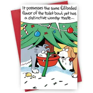 Funny Dog & Toilet Pattern Christmas Card, 1/3/5 Counts Cartoon Dog Greeting Card, Humorous Gift for Money-loving Friends & Colleagues, Party Gift