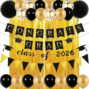 Graduation Decorations 2026, Black  Party Decor with Congrats Grad, Class of 2026 Banner Balloons Foil Curtains Backdrop Paper Fans for University College Senior High School Prom Graduate