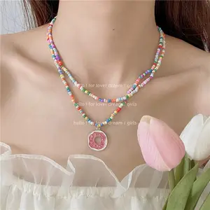 Bohemian Colorful Beaded Necklace for Teen Girls and Women, Heart Donut Choker, Trendy Handmade Jewelry, Adjustable Hypoallergenic Beads, Tarnish-Resistant