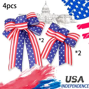 4pcs-US Independence Day  Bow Decoration Stars and Stripes Ribbon Wreath Bow Fourth of July Patriotic Home Door Hanging Festive Party Decor Rustic Holiday Accent