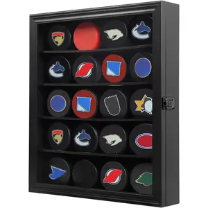 20 Hockey Display Case - Hockey Rack Wall-mounted Cabinet Bracket - Hockey Shadow Box with Real Glass, for Hockey Collection, Large Size Black