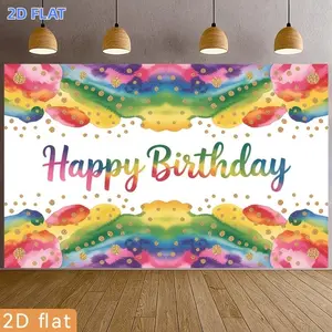 2D Flat Banner 1pc, [party Backdrop] Banner, Happy Birthday Rainbow Tie Dye Golden Dot Border Polyester Backdrop, for Party Decor Farm, Garden, Home, Room, Club, No Electricity, This Is an Excellent Gift for