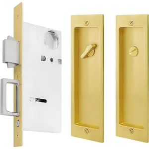 Modern Rectangular Pocket Door Lock Hardware, Finger Flush Pulls with Edge Pull for Pocket Doors, Sliding Doors, Folding Doors, Gold Privacy Lock