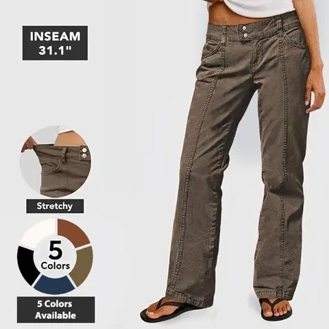 Flamingals Mid Rise Straight Leg Butt Hugging Pants Women's Stretchy Fabric Multicolor Flattering for All Body Types Versatile Everyday Wear Minimalist Brown Solid Seam Front Trouser Basic Bottom Womenswear