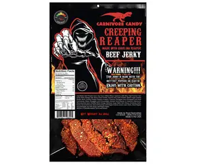 (A)JURASSIC JERKY’S “CREEPING REAPER” Carolina Reaper Beef Jerky (1)-3oz Bag The Reaper is the HOTTEST Pepper in the world! Sweet with Heat~