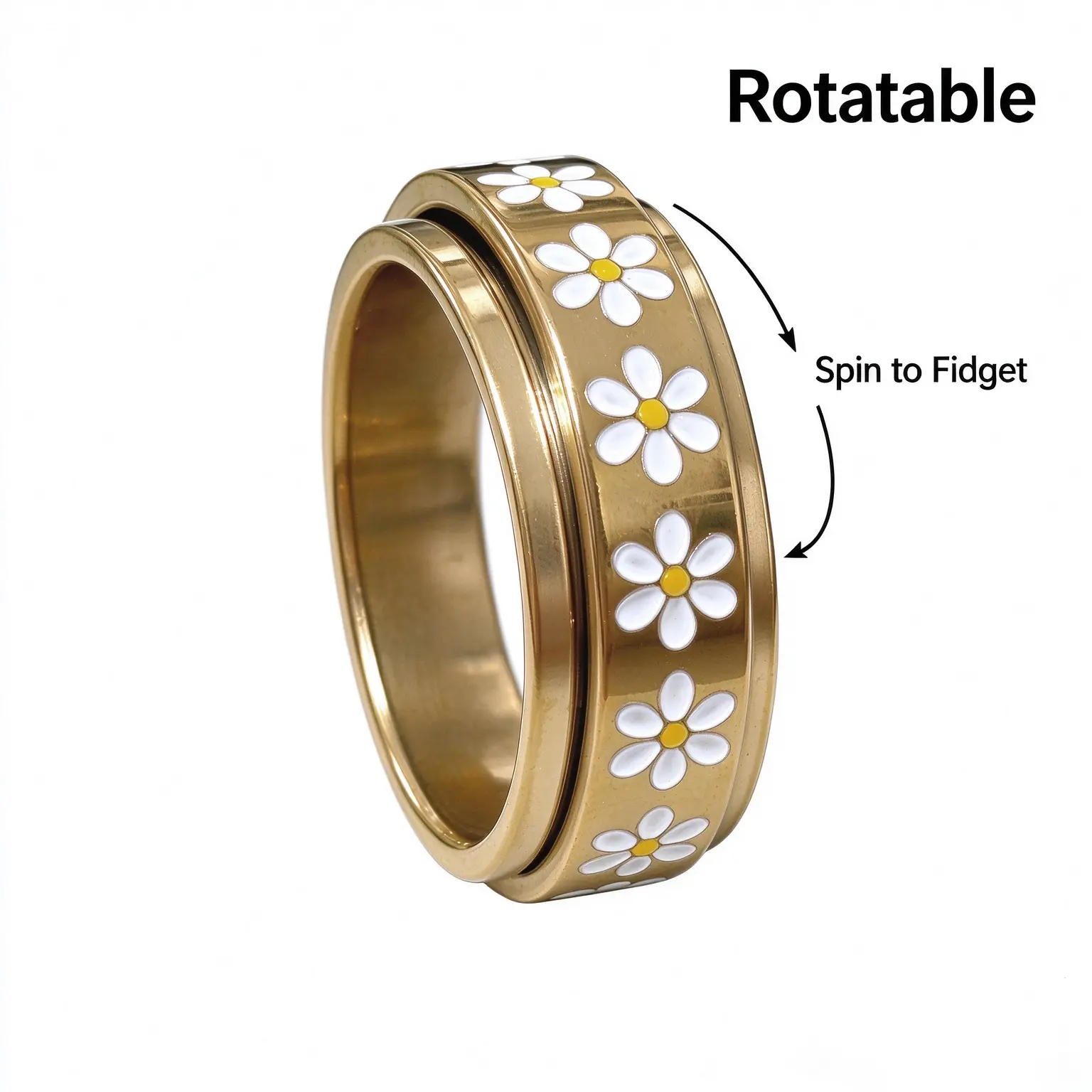 Women's Daisy Stress-Relief Spinning Ring - Floral-Design Anxiety-Relief Fashion Jewelry, Thoughtful Birthday Valentine's Day Gift, sizes 6-10