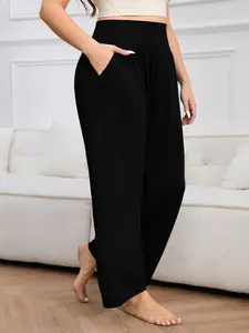 Women's Plus Size Loose Fit Wide Leg Casual Everyday Pants, Elastic Waist with Pockets, Multi-Pleated Outdoor Sports Long Pants