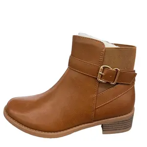 WOMENS ANKLE BOOT WITH SIDE BUCKLE AND ELASTIC ALANA-1 Casual Footwear Brown Pu Walking Shoes Basic Chic Business Style