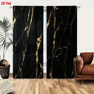 2D Flat Black Marble Golden Veins Curtain 2-Piece Set, Luxurious Glossy Patterned Curtains for Living Room Bedroom, Smooth Polished Texture Decorative Window Drapes with Elegant Gold Streaks Contrast Design, Home Decoration Curtain
