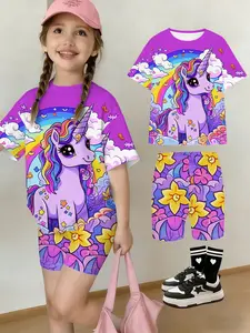 Girls' Summer T-Shirt Shorts Set, Rainbow Unicorn Design, Casual Streetwear, Perfect Gift for Kids, Outdoor Wear, Casual Outfit Set