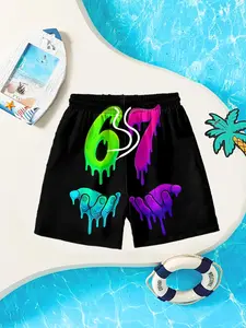 Swim Trunks, Boy's Number 67 Print Beach Shorts, Quick-Dry Breathable Swimming Gear, Summer Vacation Swimwear