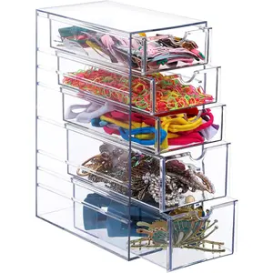 5-Drawer Clear Plastic Hair Accessories Organizer Box, Large Capacity Hair Organizer Storage for Bathroom, Dresser, Office, and Closet