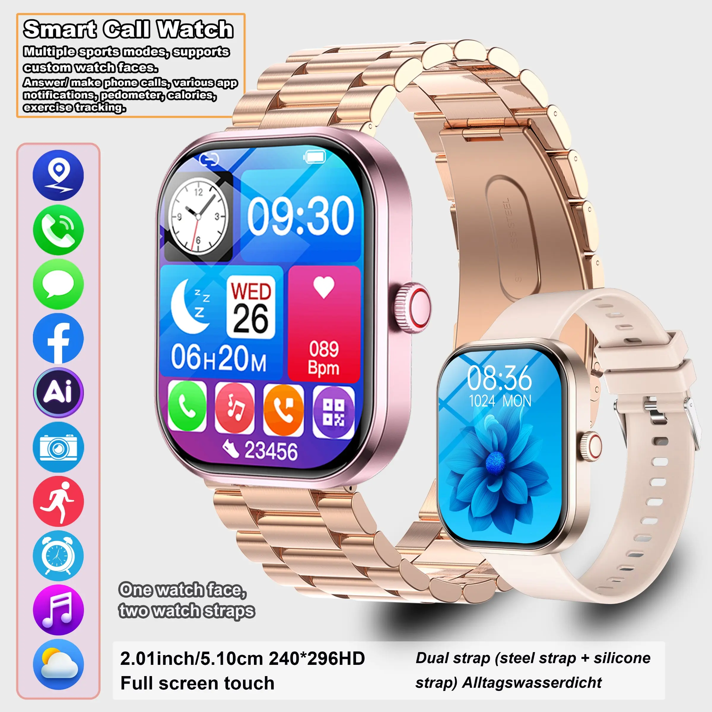HD smart sports call bracelet, Touchscreen sport watch, unisex, full-screen touch display, supports answering calls and message notifications, weather updates, sports tracking, music playback, remote photography, compatible with Android and iPhone