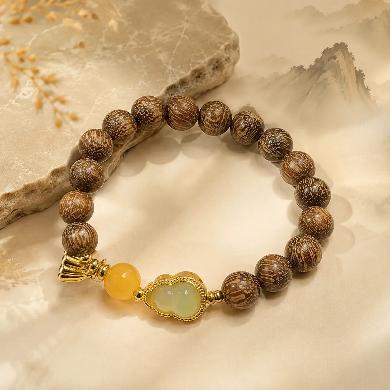 Wudang Inspired Wooden Bead Bracelet with Jade Gourd Charm, Blessed Bracelet for Health, Love, Wealth, Career, Protection, Balance, Calm Energy, Confidence, Good Luck, Inner Peace, Daily Wear Spiritual Jewelry Gift