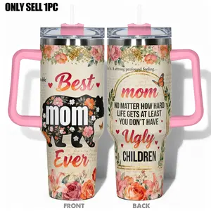 1pc Stainless Steel Insulated Cup 40oz/30oz/22oz/20oz/14oz Water Bottle Tumbler Drinkware,Funny Design With Best Mom Ever Bear Floral Pattern Double-layer insulation Leakproof Large Capacity, Needed for Gym, Hiking, Travel Ideal Birthday