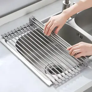 Stainless Steel Foldable Dish Drying Rack, 1 Count Roll Up Dish Drying Rack, Over The Sink Dish Drainer, Kitchen Counter Storage Rack