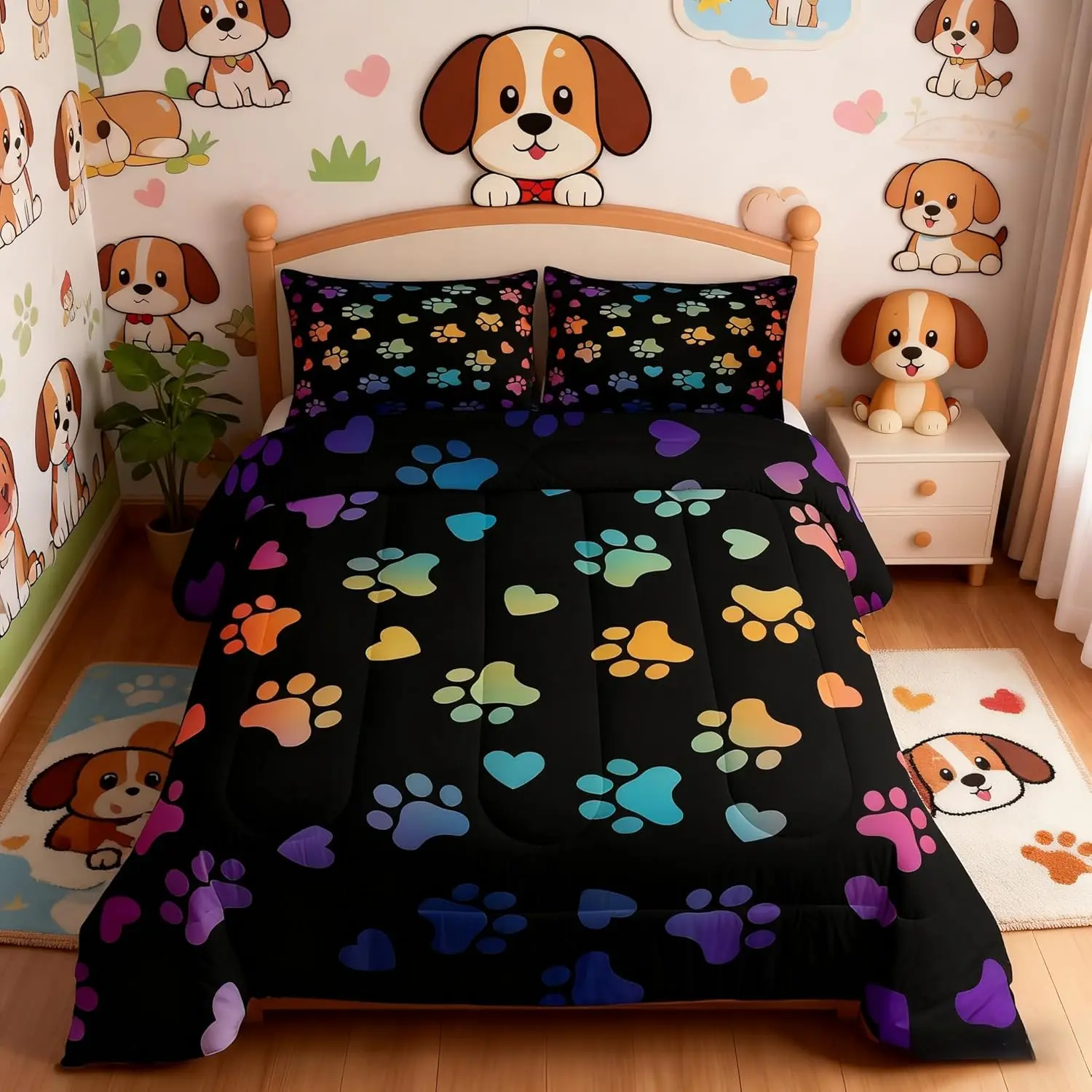 Dog Paw Print Kids Comforter Set Animal Pet Neon Bedding Set,Girls Boys Adults Home Bedroom Decor,Puppy Kawaii Cartoon Down Comforter,Colorful Rainbow Duvet Insert