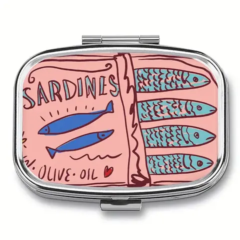 Quirky Vintage Sardines Square Pill Container, Compact Organizer with Two Sections, Ideal for Household & Travel, Unique Gift for Pockets & Purses, Vitamin Organizer