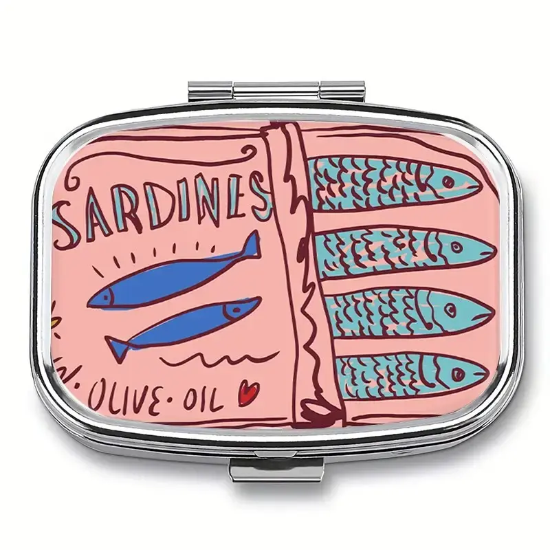 Quirky Vintage Sardines Square Pill Container, Compact Organizer with Two Sections, Ideal for Household & Travel, Unique Gift for Pockets & Purses, Vitamin Organizer