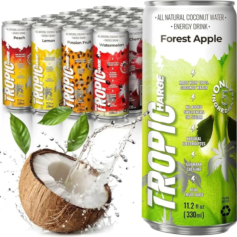 Tropicharge 100% Coconut Water Energy Drink with Guarana Extract (24 pack 330ml/6 flavours) - Zero Sweeteners or Added Sugar - All Natural - Passion Fruit, Forest Apple, Red Cherry, Lemon, Peach, Watermelon
