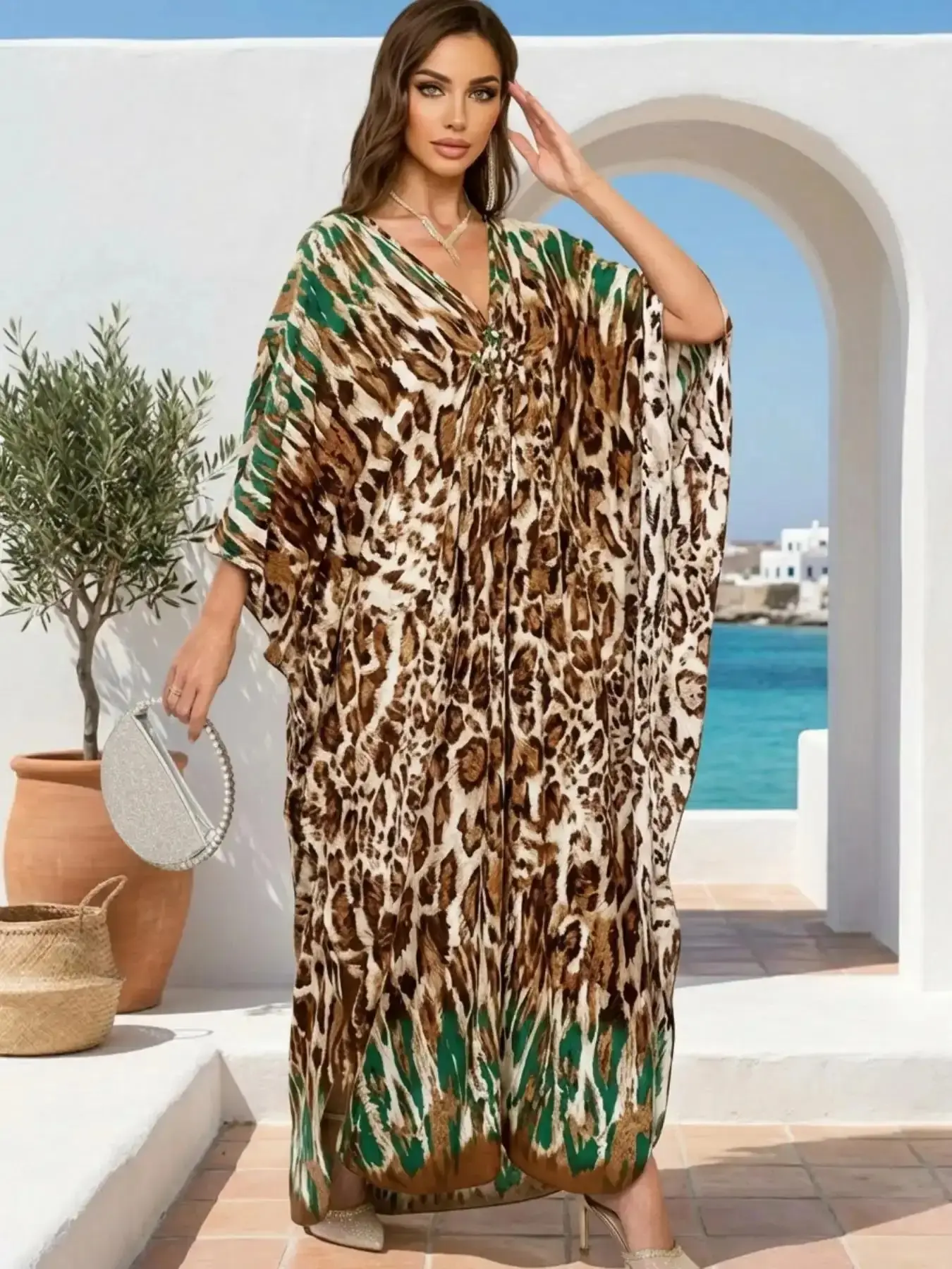 Leopard Print Kaftan Dresses Women's Caftan Boho Casual Relaxed Daily wear V-Neck Summer Beach wear Soft Bohemian Muumuu Dress Vibrant Flowy House robe Butterfly Sleeve Cover up maxi Dress Kaftans Q1755