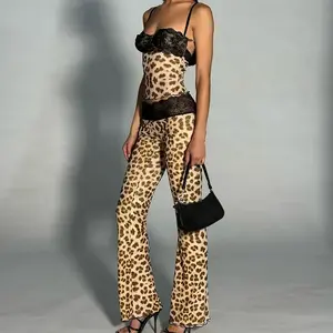 Women’s leopard print patchwork lace sexy two-piece set featuring a fashionable, comfortable cami top and flare-leg pants for everyday outdoor wear—women’s summer clothing