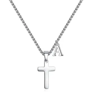Initial Cross Necklace for Boys Men - Stainless Steel Initial Letter Cross Pendant  First Communion Baptism Gifts