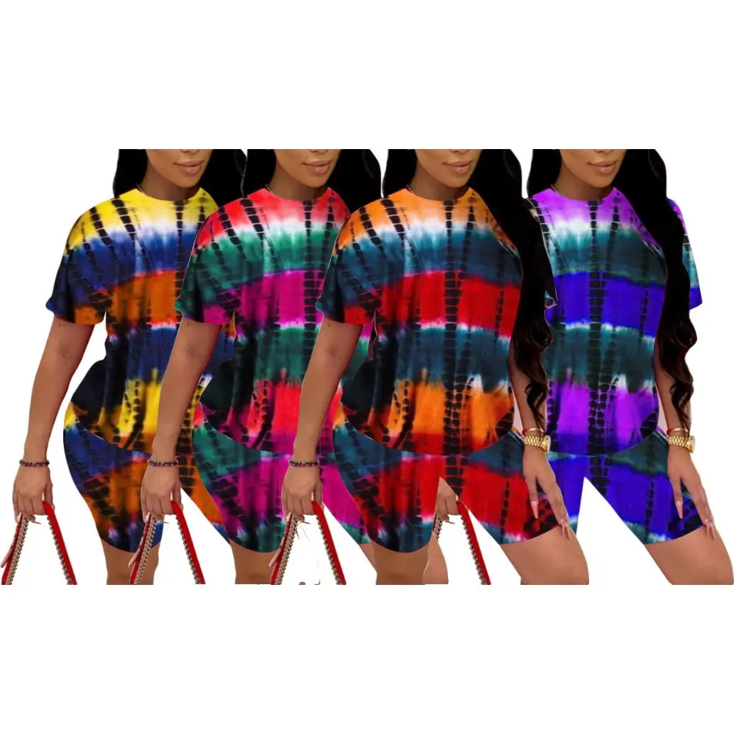Tie-Dye Printed Pajama Sets Womens Summer Slim Casual Sleep Short Sleeve Shorts Sports Suit Loungewear Women Pigiama Donna