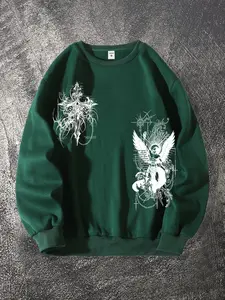 Men's Original Gothic Dark Angel Print Hoodie, Casual Street Style Zip-Up Sweatshirt for Spring & Fall, Fitted Design