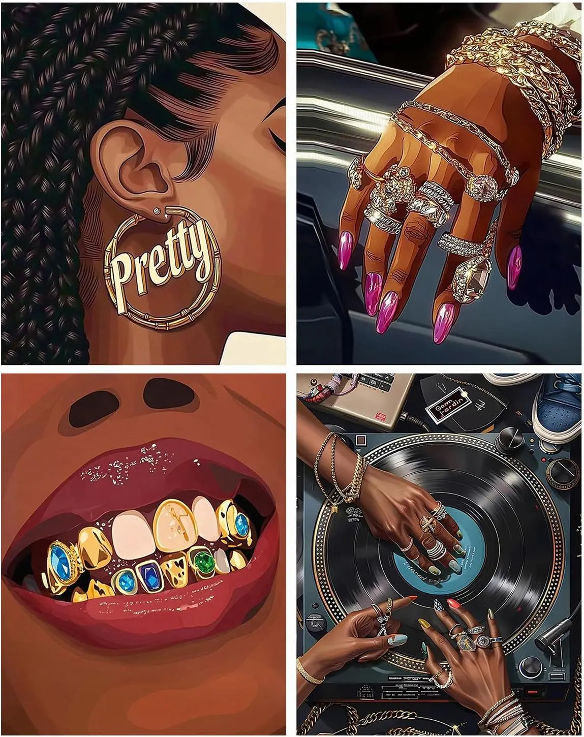 5D Full Drill Diamond Painting Kit Set of 4 Glam Hip-Hop Art, Jewelry Grillz & DJ Vinyl DIY Home Wall Decor Craft
