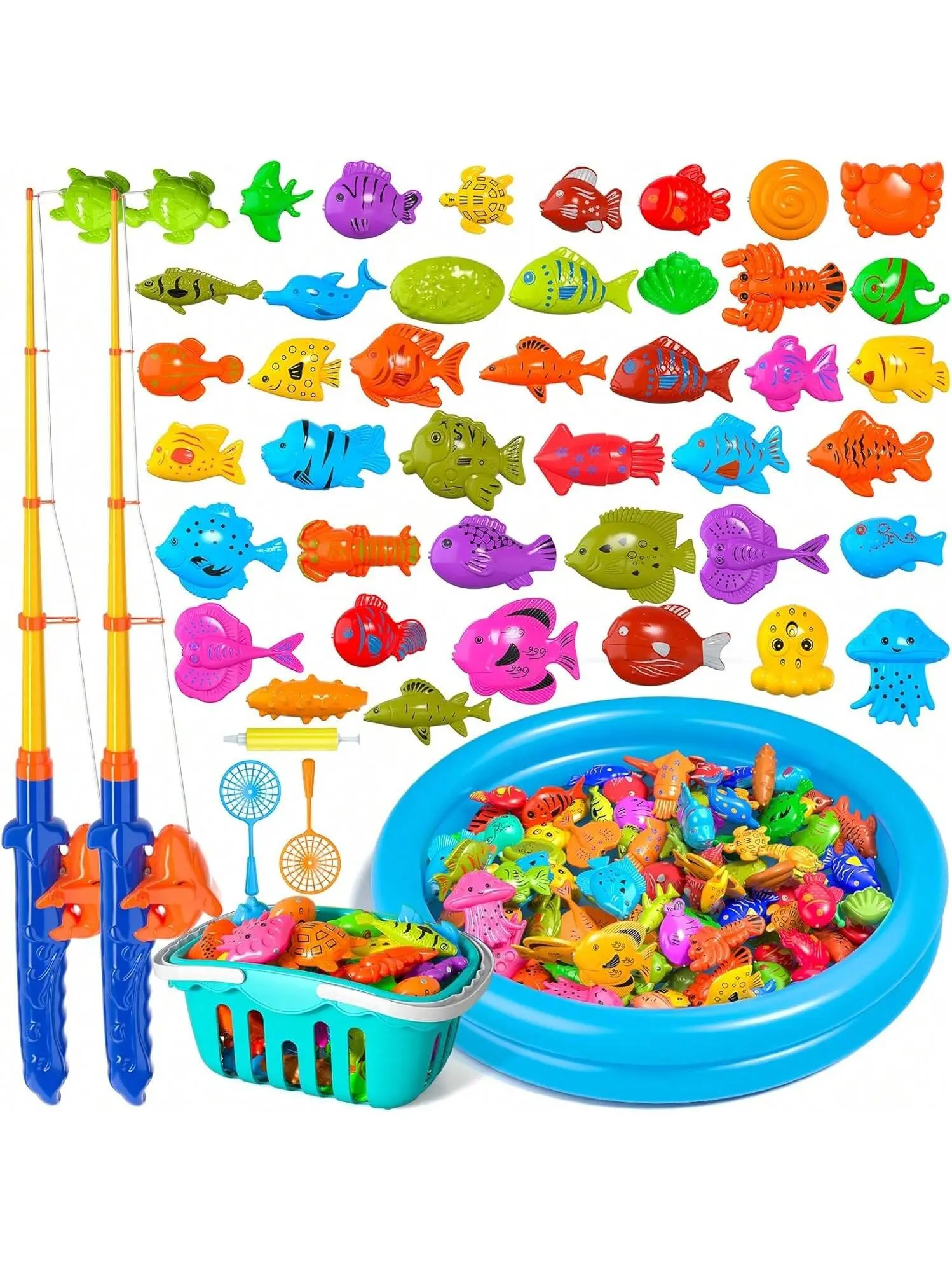 Kids Fishing Set with 50+ Colorful Plastic Fish and 2 Rods in Blue Basket and Pool for Fun Playtime