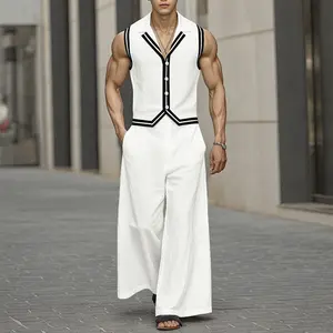 INCERUN Men's 2-Piece Set - Breathable Polyester V-Neck Sleeveless Vest, Wide-Leg Striped Sporty Trousers, Genderless Vacation Beach Casual Menswear (2 Piece Mens Outfit for Relaxed Getaways), Men's 2 Piece Sets