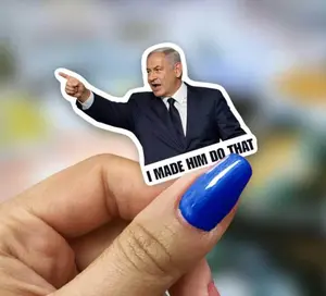 Netanyahu I Made Him Do That Pointing Sticker, Funny Political Satire Humor, Waterproof Vinyl Decal