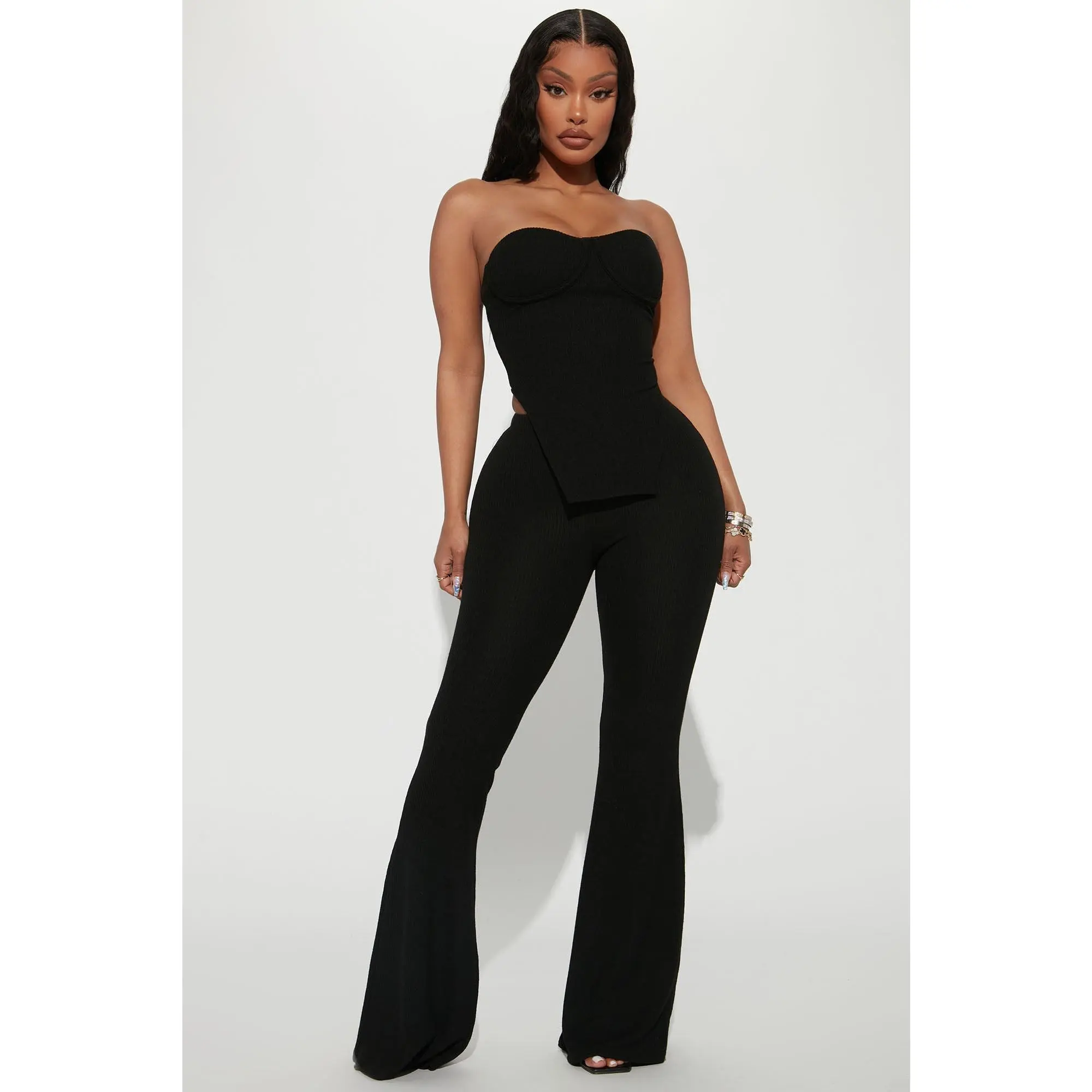 Call My Name Ribbed Pant Set - Black