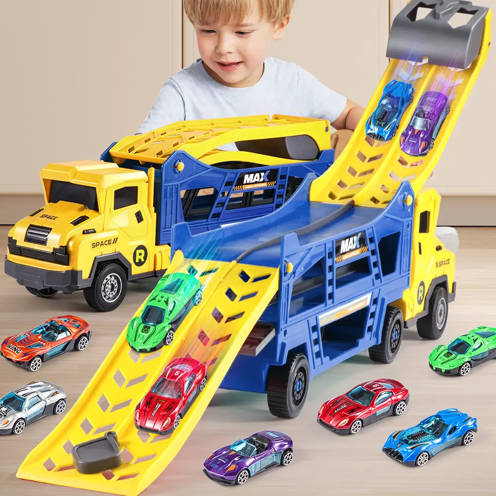 Kids T-Rex Dinosaur Transport Truck, Shark Head Toy Truck, Engineering Vehicles, High Glide Track Car. Foldable Storage Cargo Truck with Alloy Mini Cars, Educational Brain Development Toy, Ideal Gift for Halloween, Thanksgiving, Christmas and New Year.
