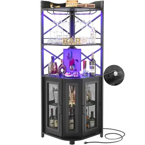 Aheaplus Corner Bar Cabinet with Power Outlet, Industrial Wine Cabinet with LED Strip and Glass Holder, 5-Tiers Liquor Cabinet Bar Unit for Home Kitchen, Corner Cabinet for Small Space Utensils Coffee