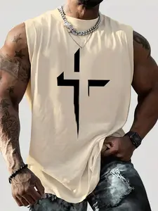 Men's Geometric Cross Graphic Tank Top, Christian Religious Faith Sleeveless Shirt, Streetwear Workout Gym Top, Curved Hem Design, Soft Cotton Loose Fit Vest, Viral TikTok Christian Fashion Essential, Gym Performance Top, Athletic Style Activewear